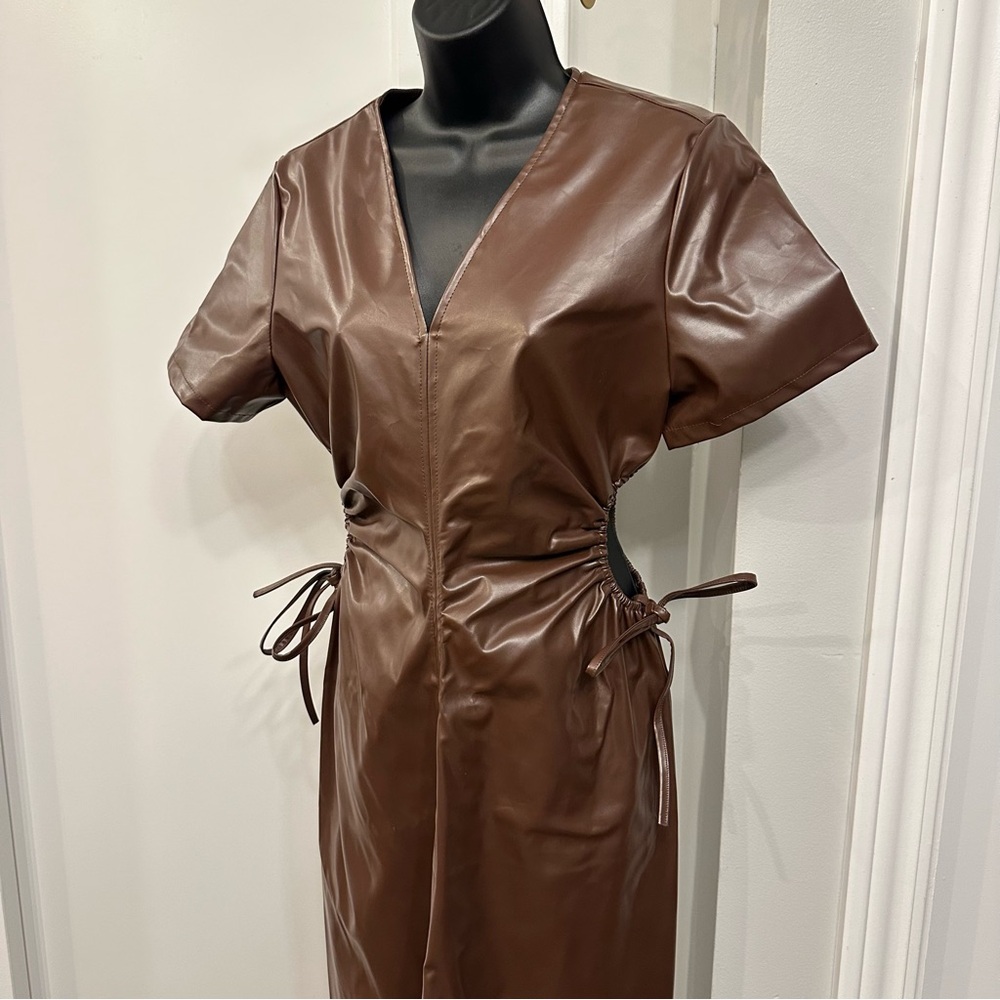 Brown Faux Leather Dress with Cut Out Side Ties
